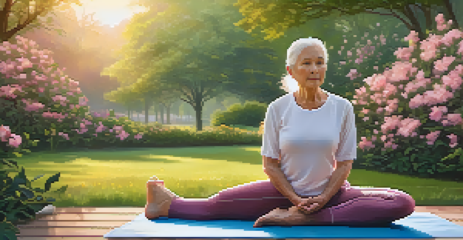 An older adult practicing yoga in a peaceful park during sunrise, surrounded by green trees and flowers, creating a tranquil atmosphere.