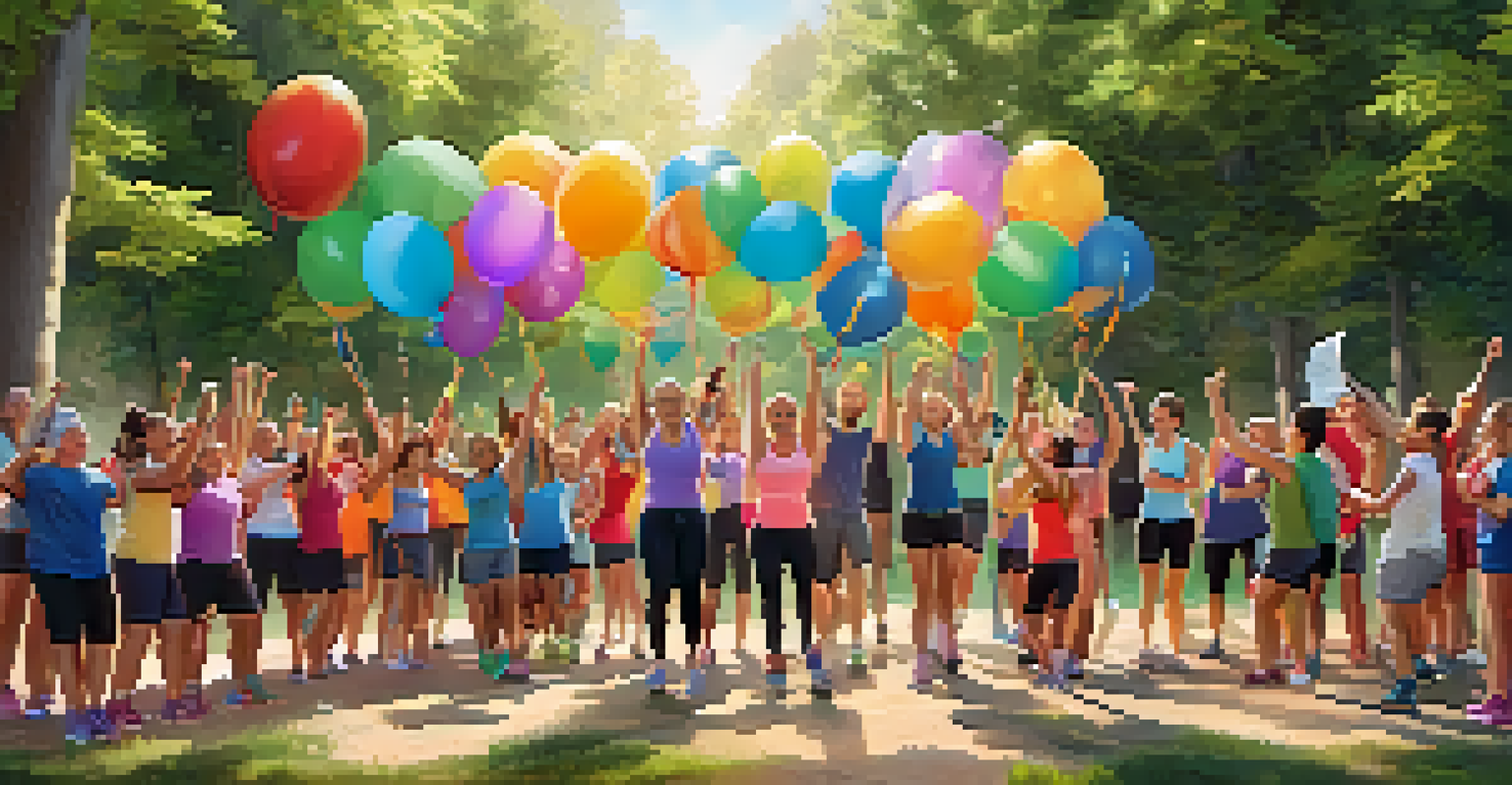 A group of participants celebrating the completion of a fitness challenge, holding certificates and smiling in a beautifully decorated setting with balloons.