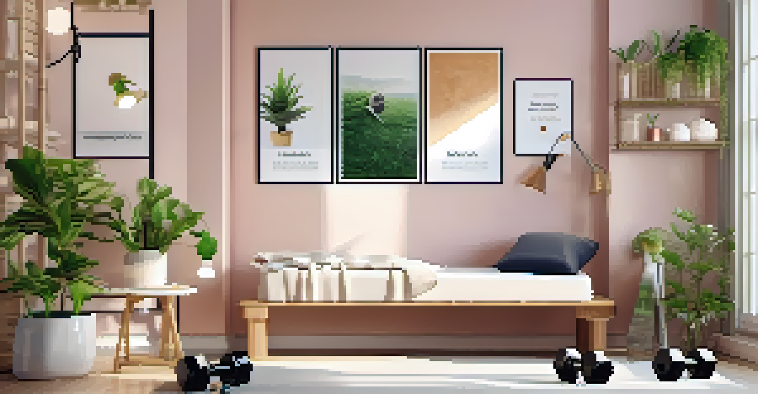 A workout corner with a foam roller and dumbbells on a mat, surrounded by greenery and inspirational fitness posters.