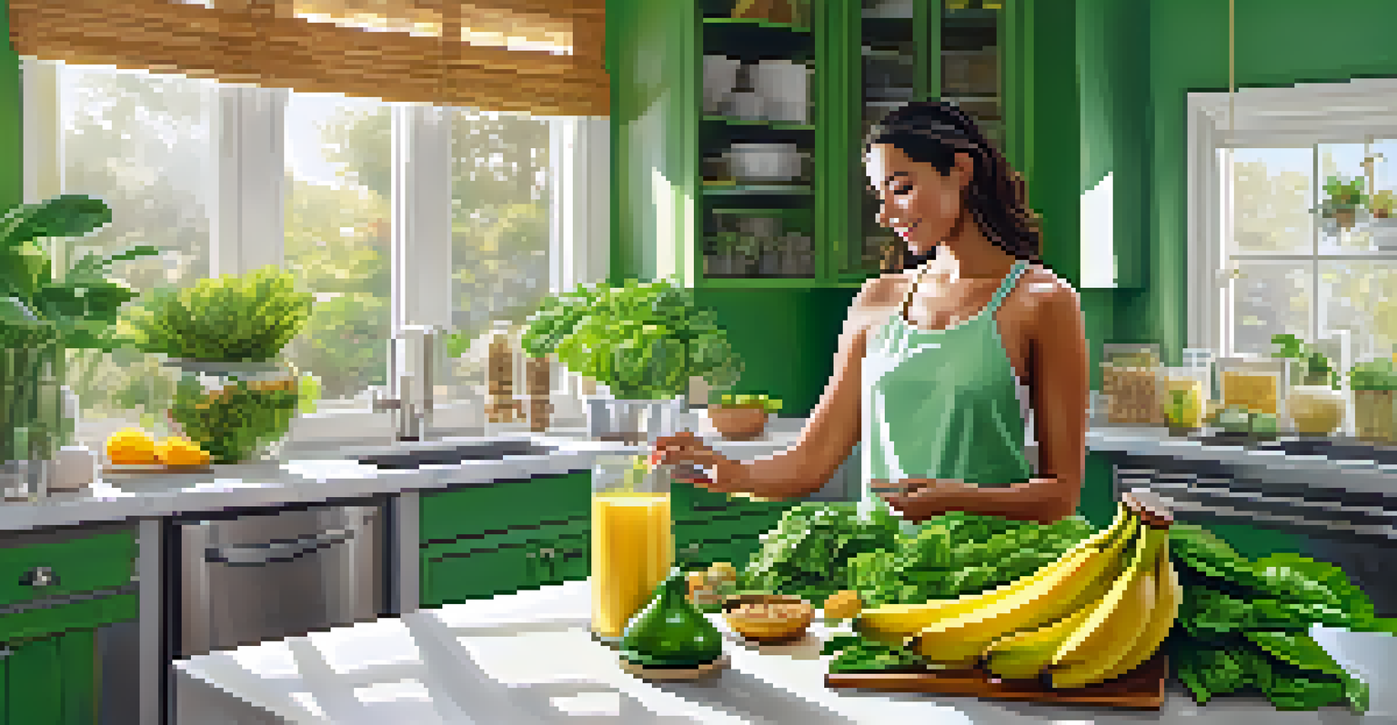 A nutritionist preparing a healthy smoothie in a bright kitchen, with fresh ingredients like spinach and bananas, illuminated by sunlight.