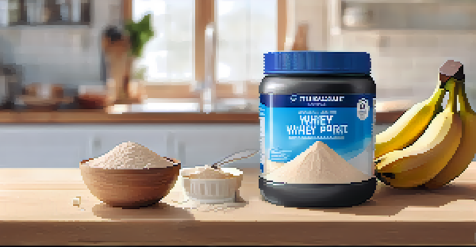 A close-up of whey protein powder in a glass container with a scoop next to it, surrounded by fresh fruits in a bright kitchen.