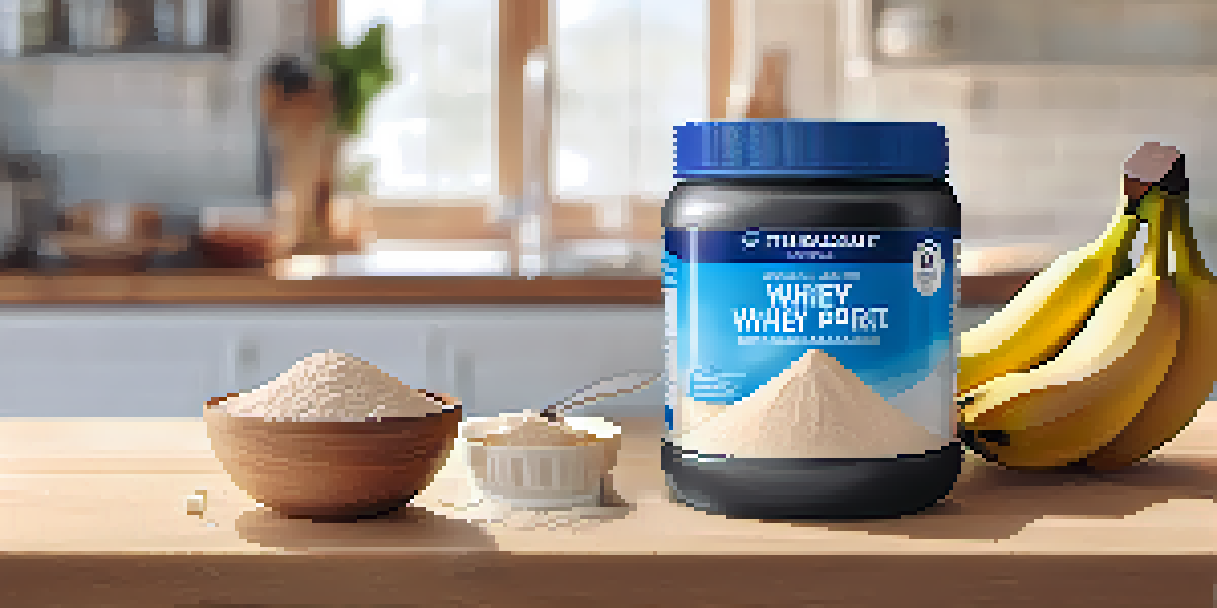 A close-up of whey protein powder in a glass container with a scoop next to it, surrounded by fresh fruits in a bright kitchen.