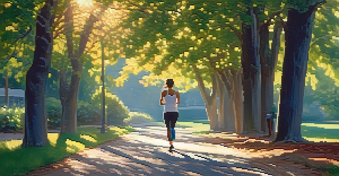 A person walking briskly on a tree-lined path during sunset, surrounded by nature.