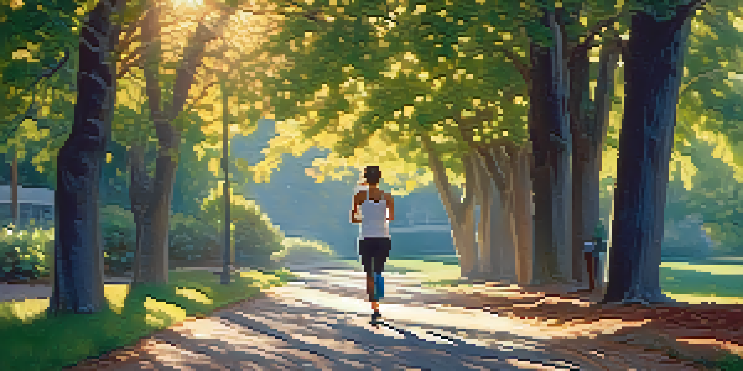 A person walking briskly on a tree-lined path during sunset, surrounded by nature.