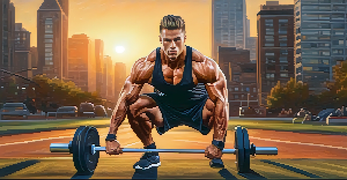 A bodybuilder engaged in high-intensity interval training outdoors at sunrise, showcasing determination and athleticism.