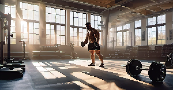 A bodybuilder lifting weights in a well-lit gym with motivational quotes on the walls and sunlight streaming through windows.