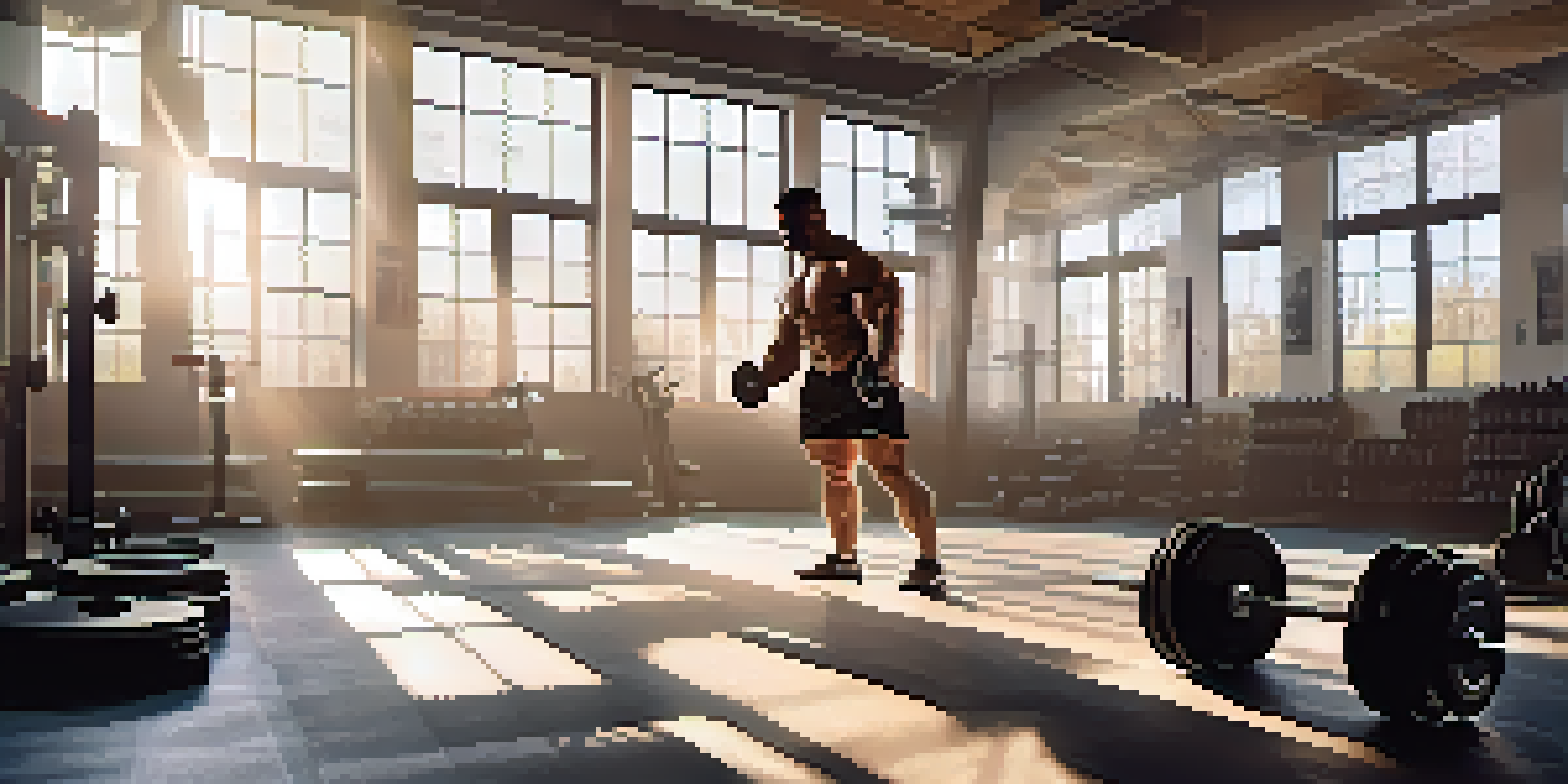 A bodybuilder lifting weights in a well-lit gym with motivational quotes on the walls and sunlight streaming through windows.