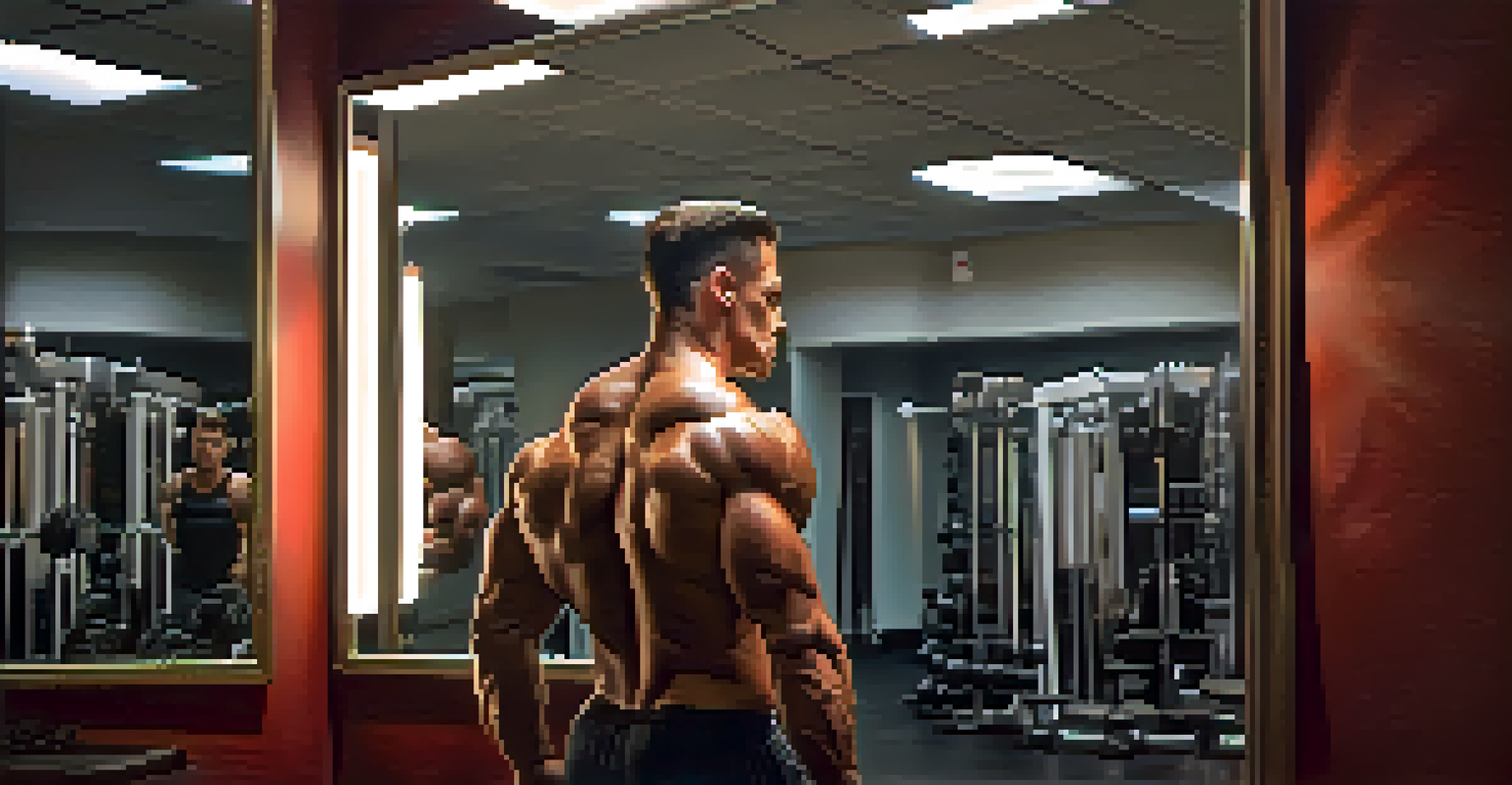 A bodybuilder admiring their reflection in a mirror, feeling accomplished after a workout.