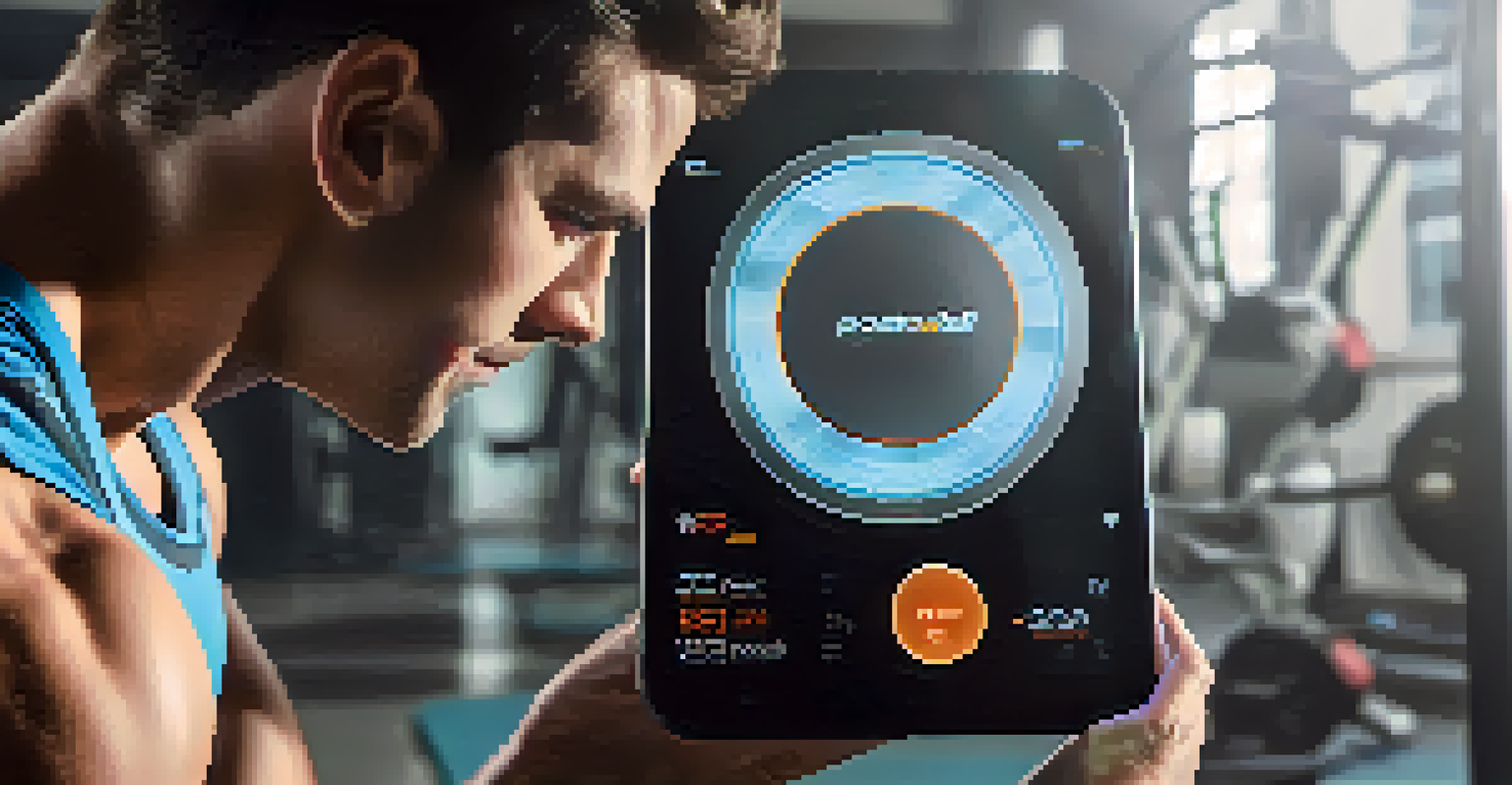 A close-up of a user lifting a smart weight plate, displaying real-time performance data on a digital screen.