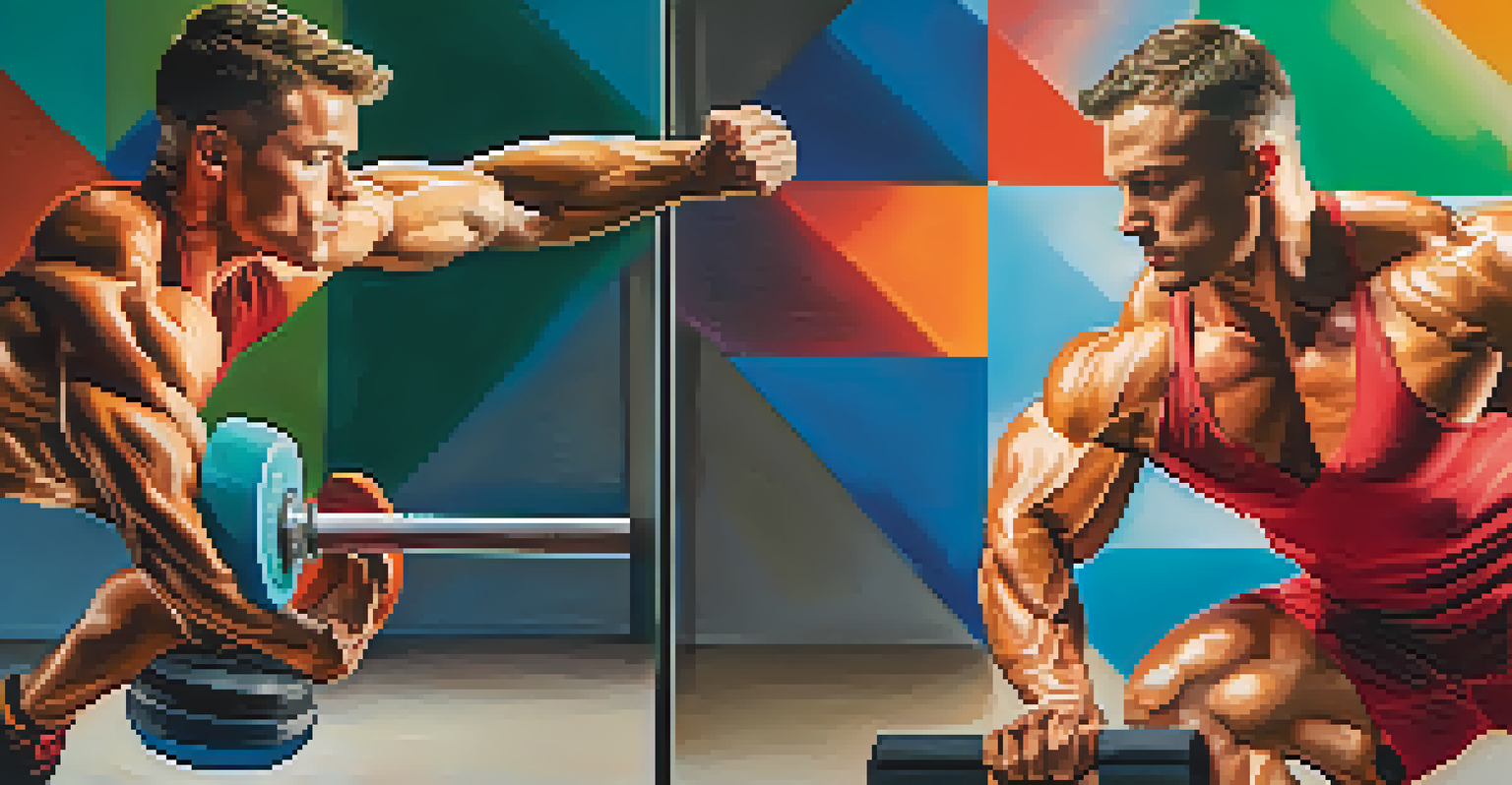 A split image of a bodybuilder lifting weights and performing a Pilates exercise, illustrating the balance between strength and flexibility.