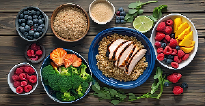 A flat lay of a balanced bodybuilding meal prep with grilled chicken, quinoa, broccoli, and mixed berries on a wooden table.