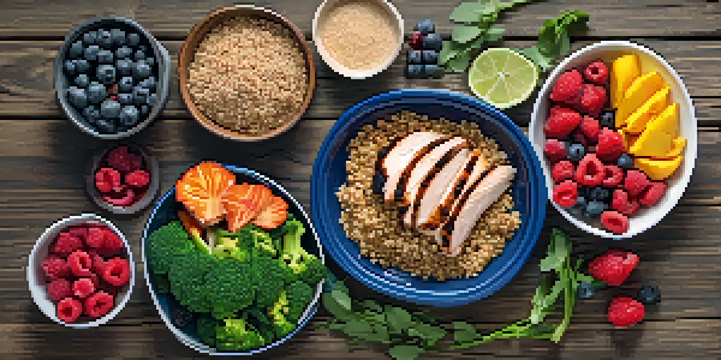 A flat lay of a balanced bodybuilding meal prep with grilled chicken, quinoa, broccoli, and mixed berries on a wooden table.