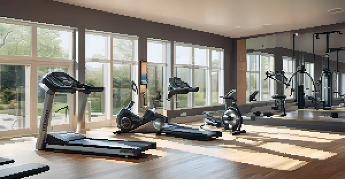A modern home gym filled with hydraulic resistance machines under natural light, with various fitness accessories around.