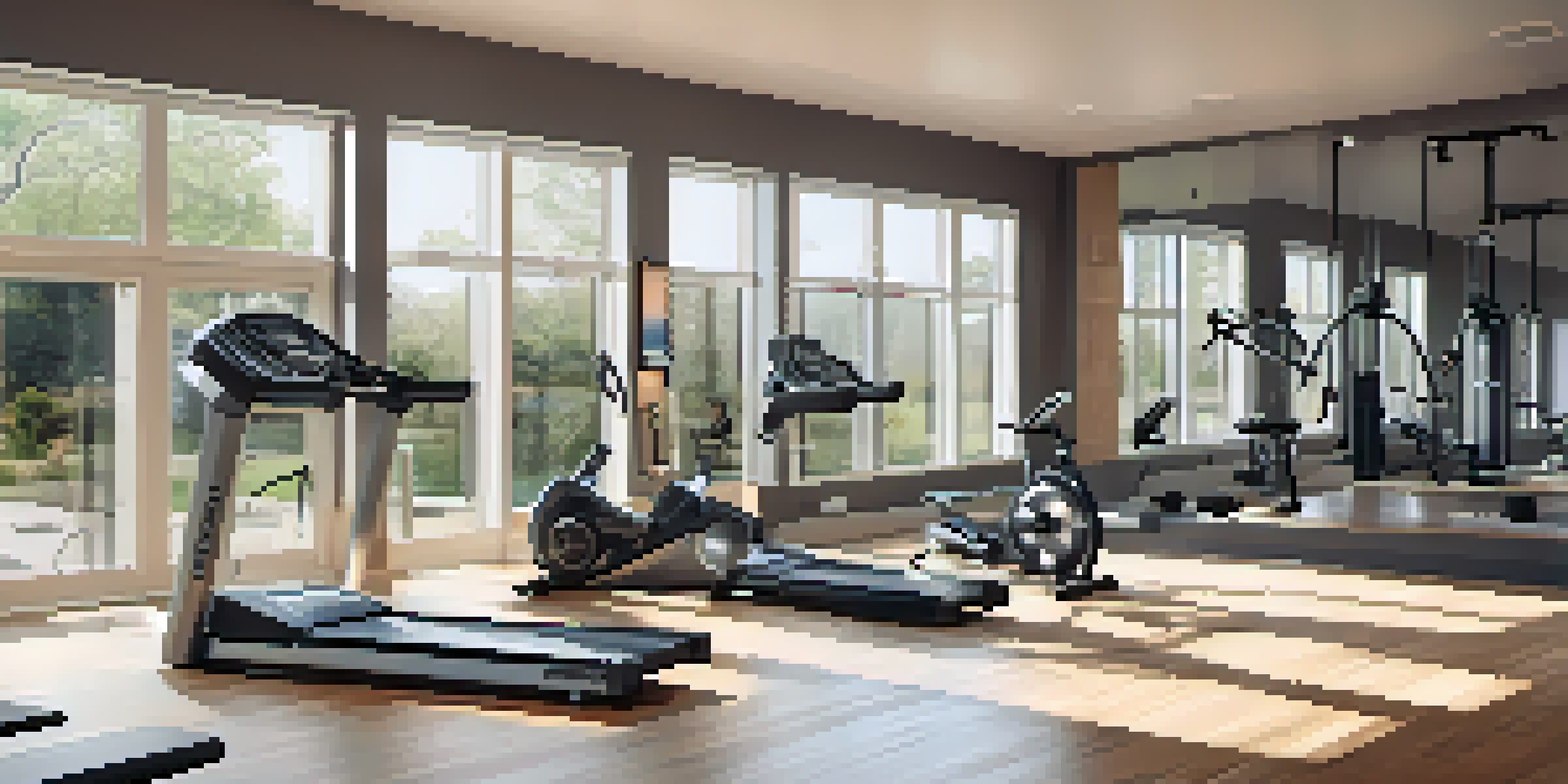 A modern home gym filled with hydraulic resistance machines under natural light, with various fitness accessories around.