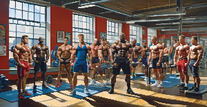 A diverse group of bodybuilders lifting weights in a gym, showcasing different body types and techniques, with sunlight illuminating the scene.