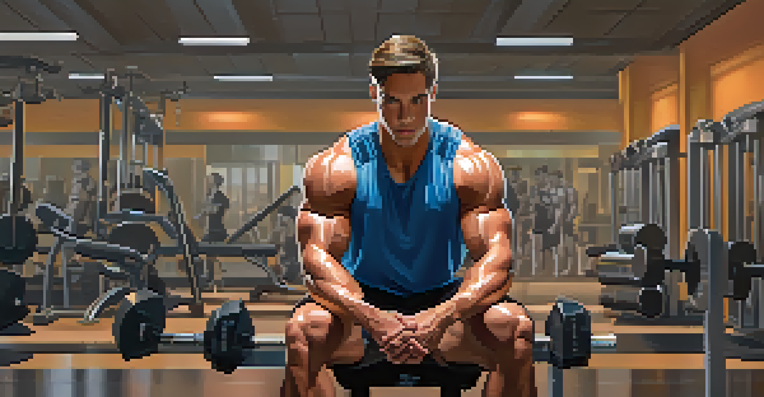 A focused athlete in a gym holding a protein shake, surrounded by gym equipment and weights.
