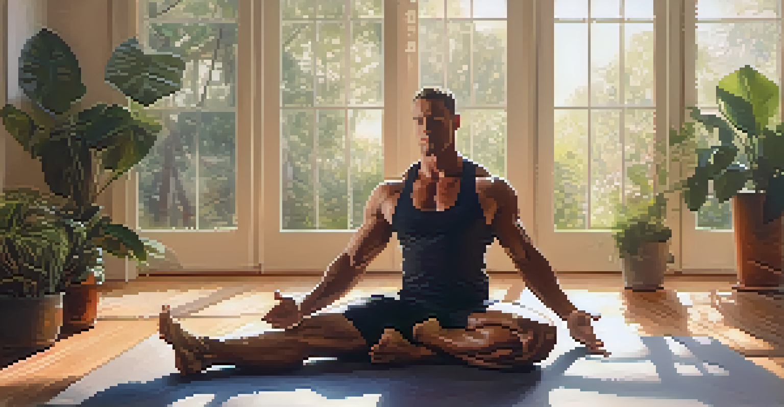 A bodybuilder seated on a yoga mat performing a butterfly stretch in a calm, softly lit environment.