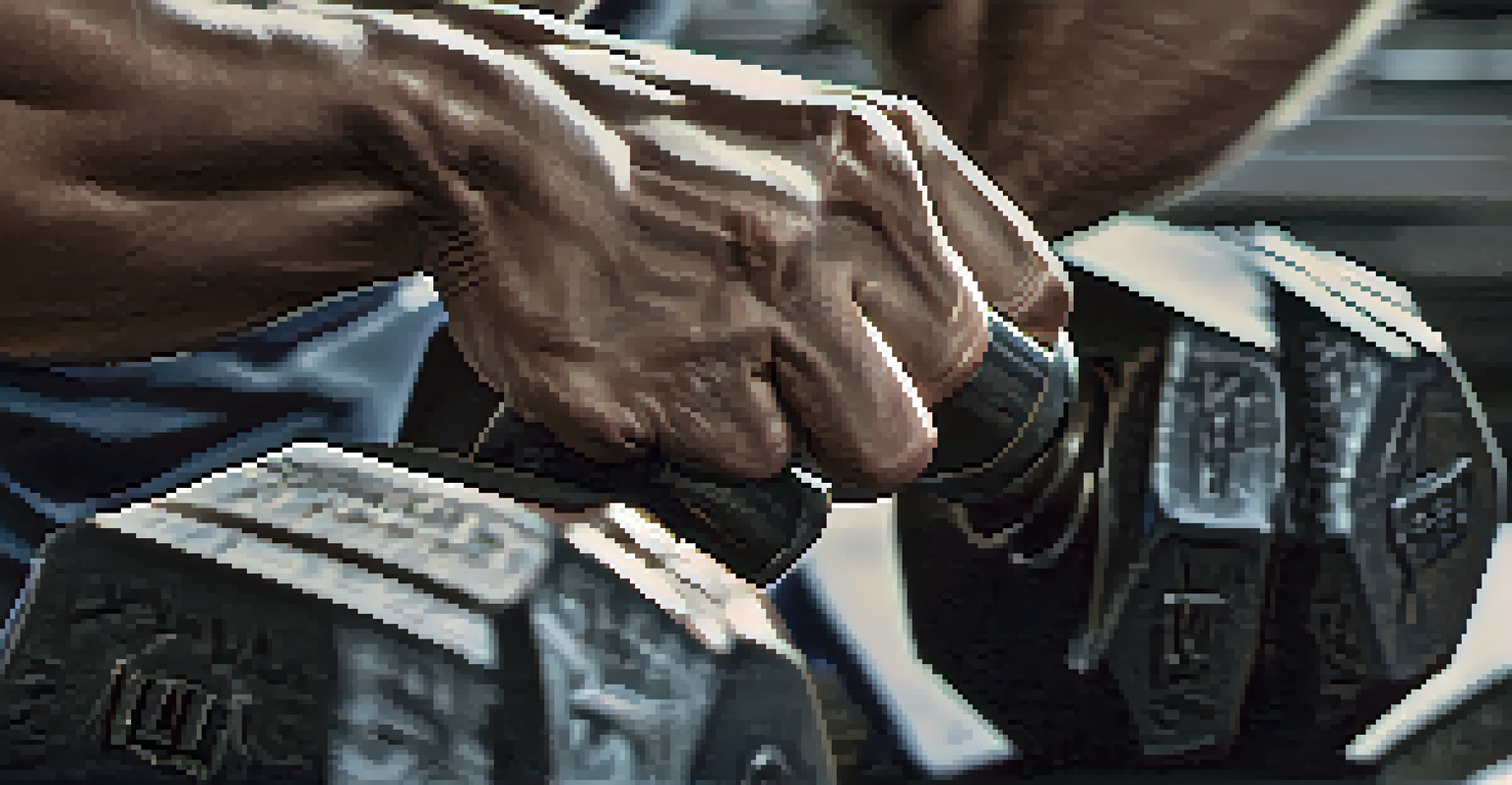 A close-up of hands gripping a heavy dumbbell, focusing on the texture and determination, with warm lighting creating a dynamic contrast.