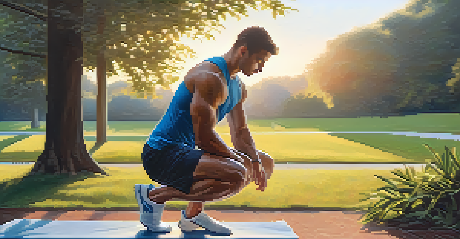 An athlete warming up with dynamic stretches in a serene outdoor setting during sunset.