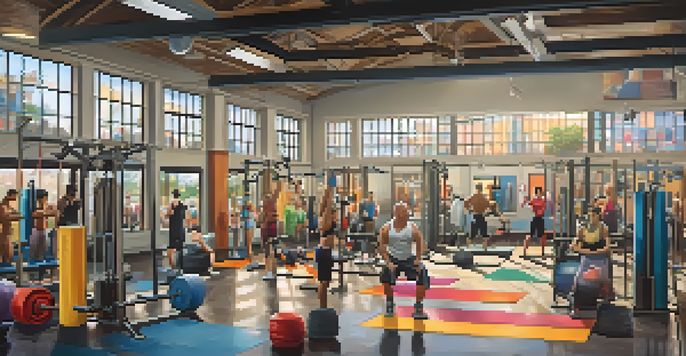 A diverse group of individuals in a gym, participating in different fitness activities such as weightlifting and yoga, with colorful equipment and soft lighting.