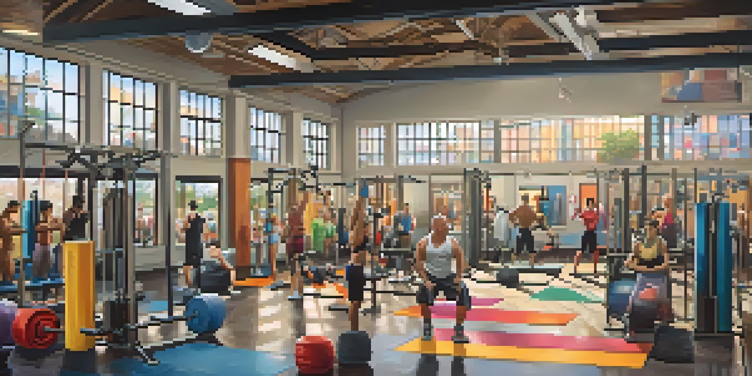 A diverse group of individuals in a gym, participating in different fitness activities such as weightlifting and yoga, with colorful equipment and soft lighting.