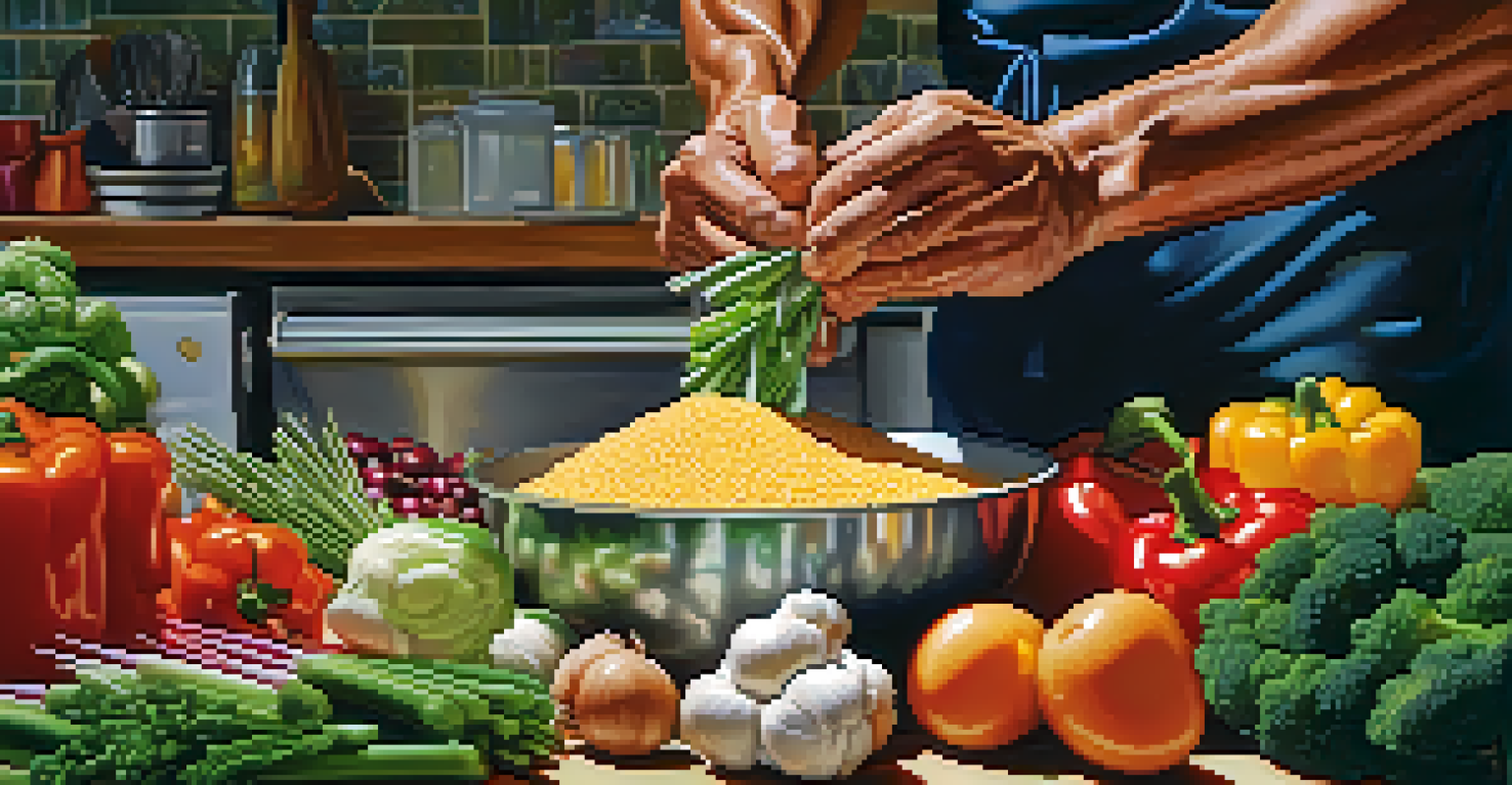 Close-up of a bodybuilder's hands preparing a nutritious meal with fresh vegetables and lean proteins in a bright kitchen.