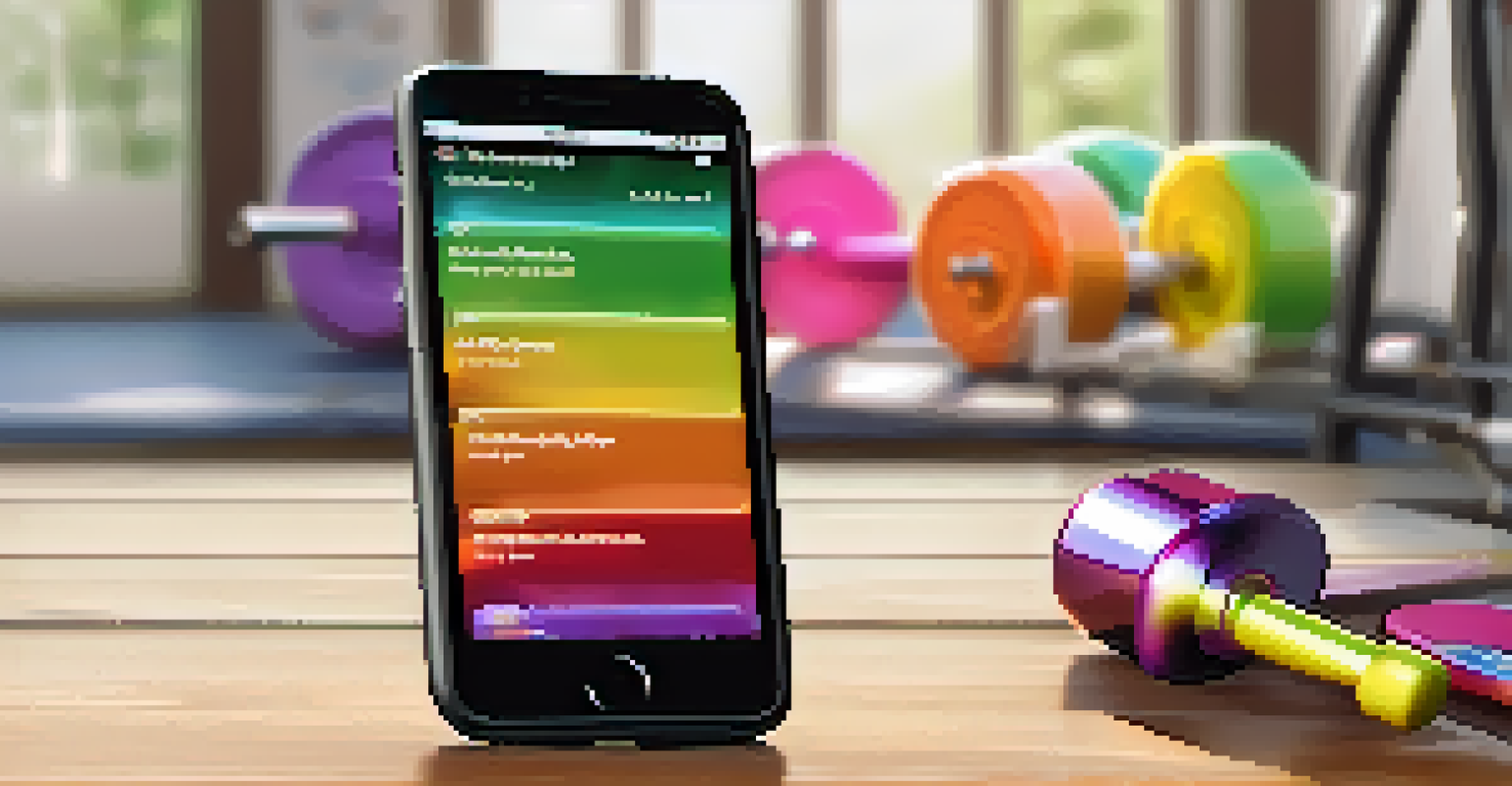 A close-up view of a smartphone showing a bodybuilding app with progress tracking, alongside a protein shake and dumbbell.