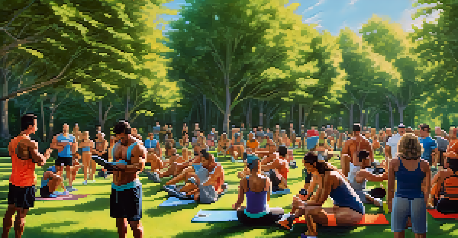 An outdoor gathering of bodybuilders sharing goals and progress in a supportive atmosphere, surrounded by greenery on a sunny day.