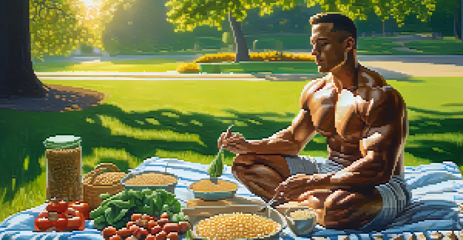 A bodybuilder relaxing in a park, enjoying a nutritious meal with whole grains, legumes, and fresh vegetables on a picnic blanket, surrounded by greenery and sunlight.