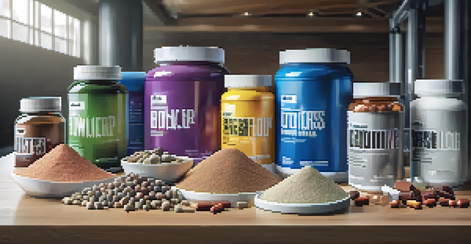 An assortment of bodybuilding supplements including protein powder, protein bars, and capsules displayed on a wooden table, with a gym background.