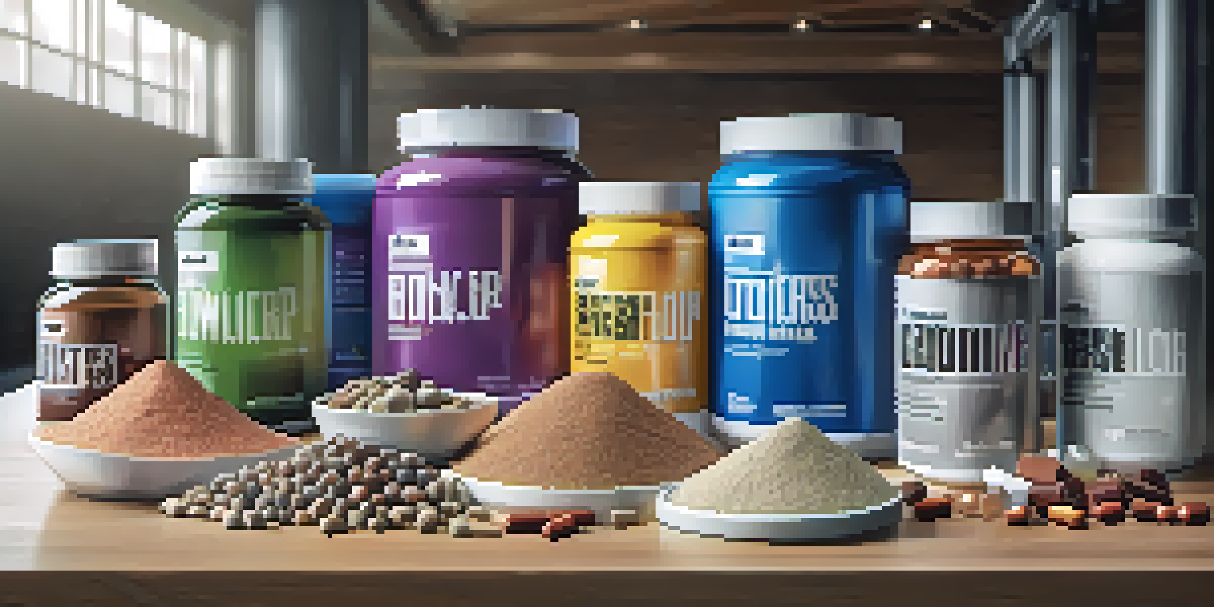 An assortment of bodybuilding supplements including protein powder, protein bars, and capsules displayed on a wooden table, with a gym background.