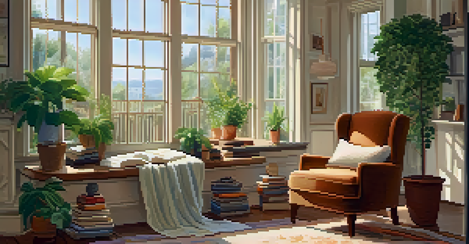 A cozy reading nook with a plush armchair, blanket, and books, illuminated by natural light from a window, surrounded by plants.