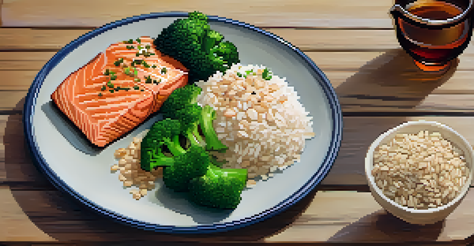 A close-up of a plate with grilled salmon, steamed broccoli, and brown rice, beautifully arranged on a rustic wooden table.