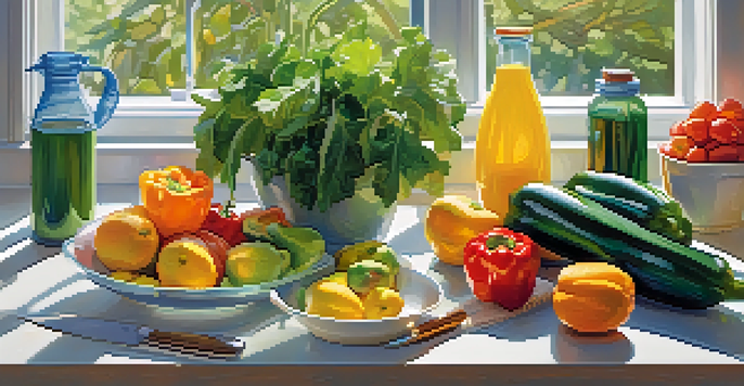 A kitchen counter featuring fresh fruits, vegetables, and a water bottle, illuminated by sunlight.