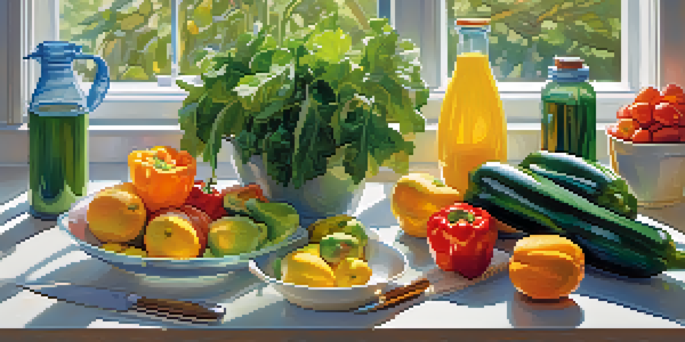 A kitchen counter featuring fresh fruits, vegetables, and a water bottle, illuminated by sunlight.