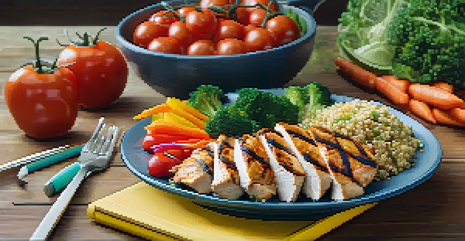 A healthy meal prep with grilled chicken, quinoa, and fresh vegetables, set on a wooden table with a glass of water.