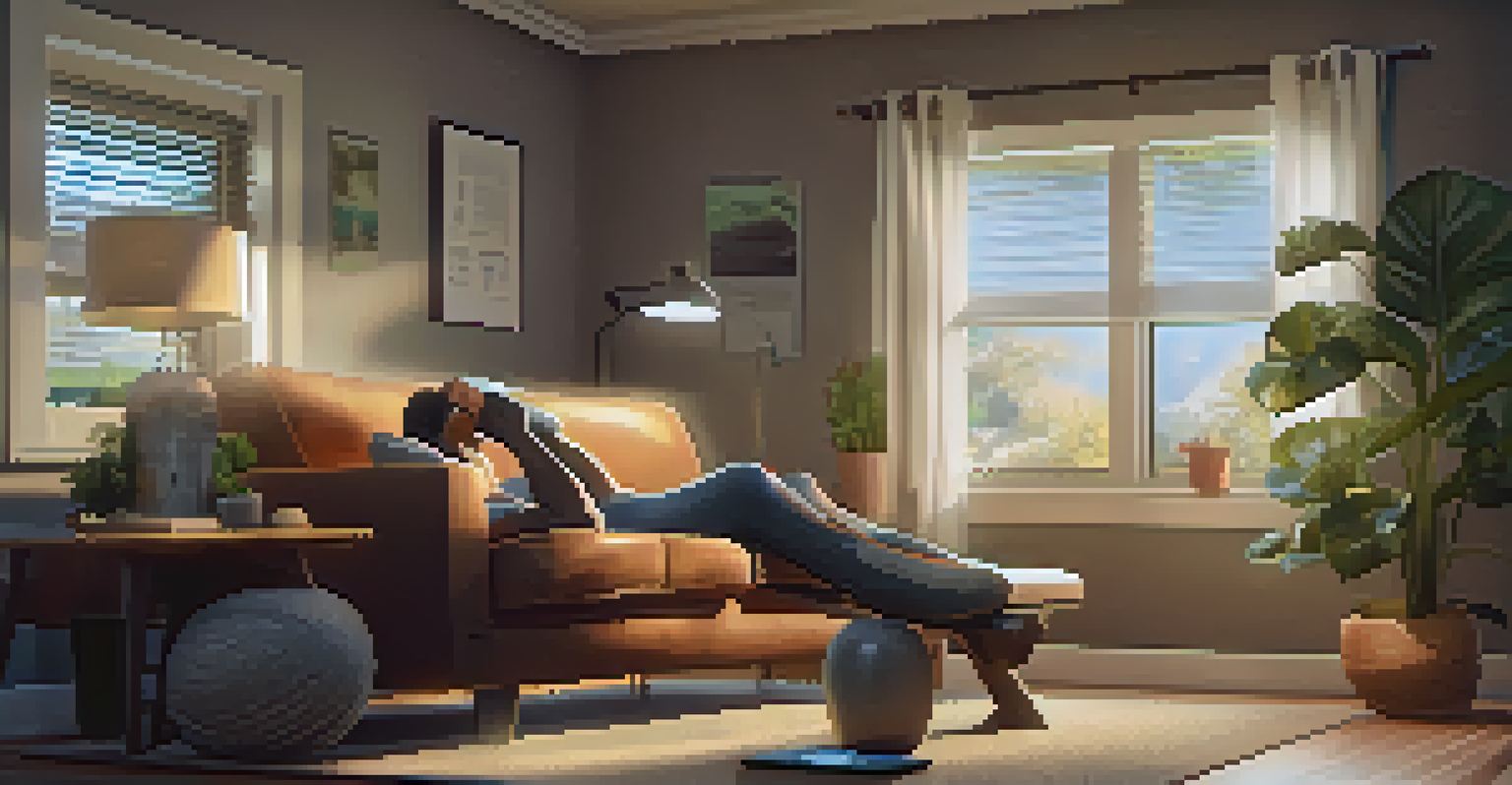 A bodybuilder in a cozy room focusing on recovery, with a tablet displaying a personalized nutrition plan.