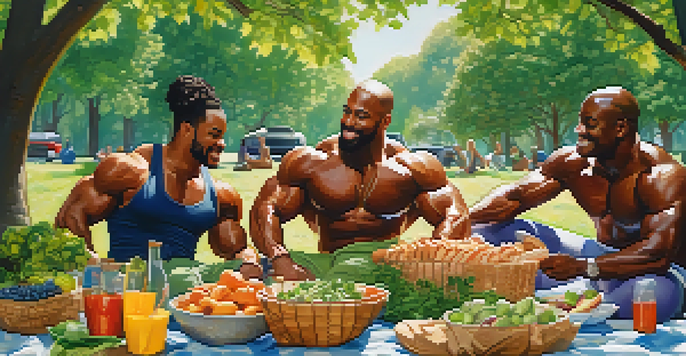 A diverse group of bodybuilders enjoying a picnic with healthy foods in a lush green setting, smiling and engaging in positive conversation.