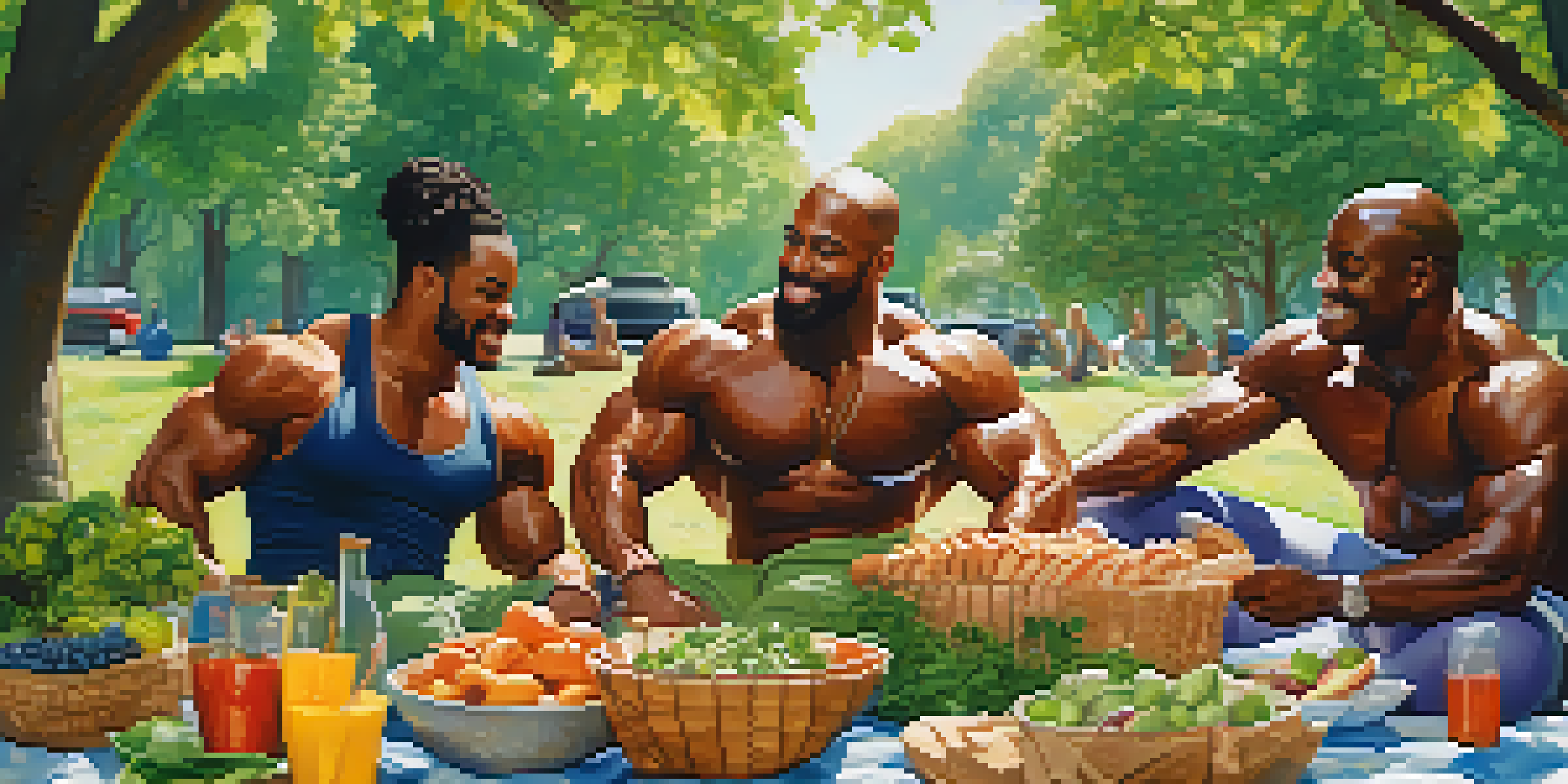 A diverse group of bodybuilders enjoying a picnic with healthy foods in a lush green setting, smiling and engaging in positive conversation.