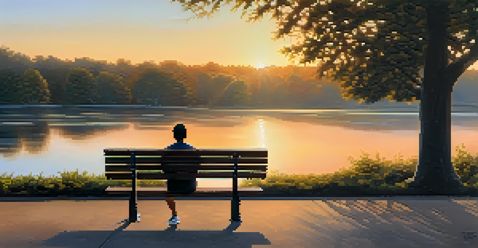 A person resting on a park bench after a run, enjoying nature and sunset, symbolizing self-love and taking breaks in fitness.