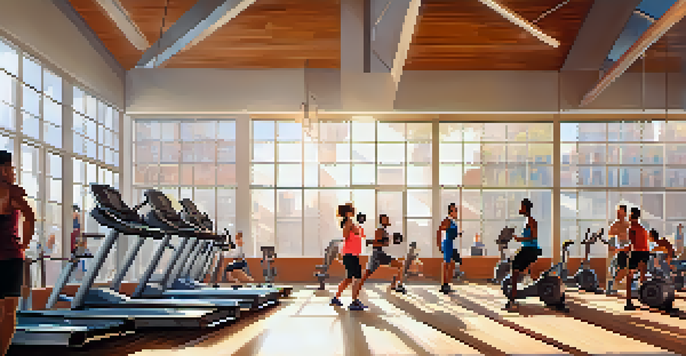 A lively gym with diverse individuals exercising together, filled with natural light and colorful equipment.