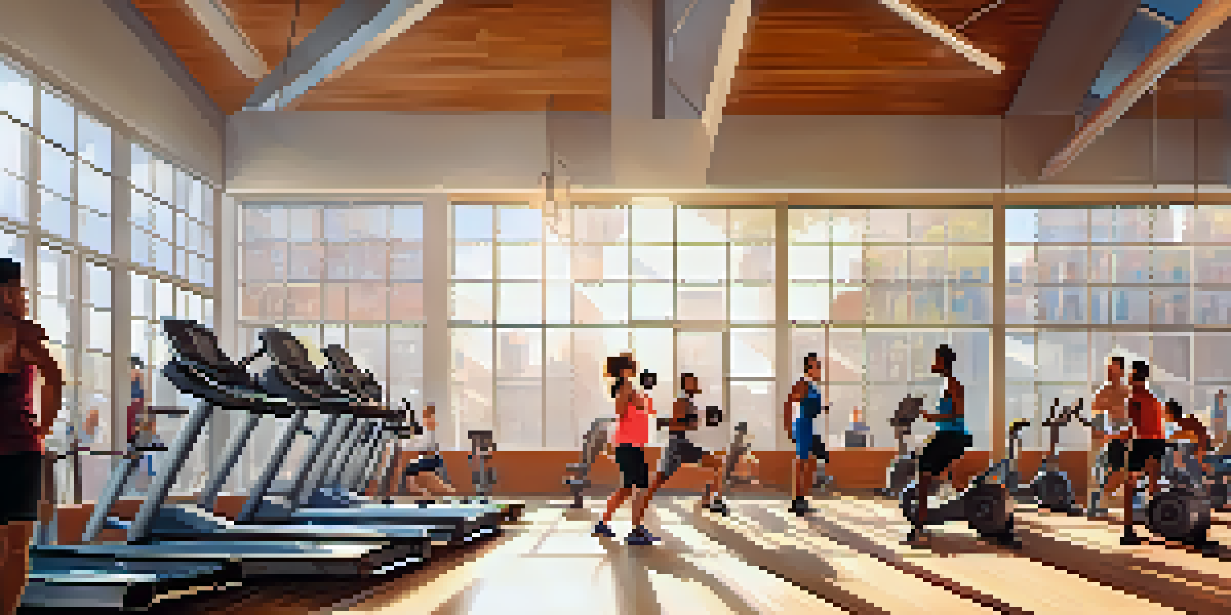 A lively gym with diverse individuals exercising together, filled with natural light and colorful equipment.