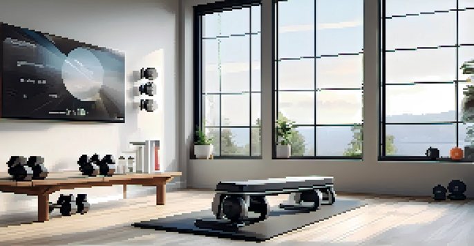 A bright and modern home gym with smart dumbbells on a workout bench, showcasing their digital interface and surrounded by fitness accessories.