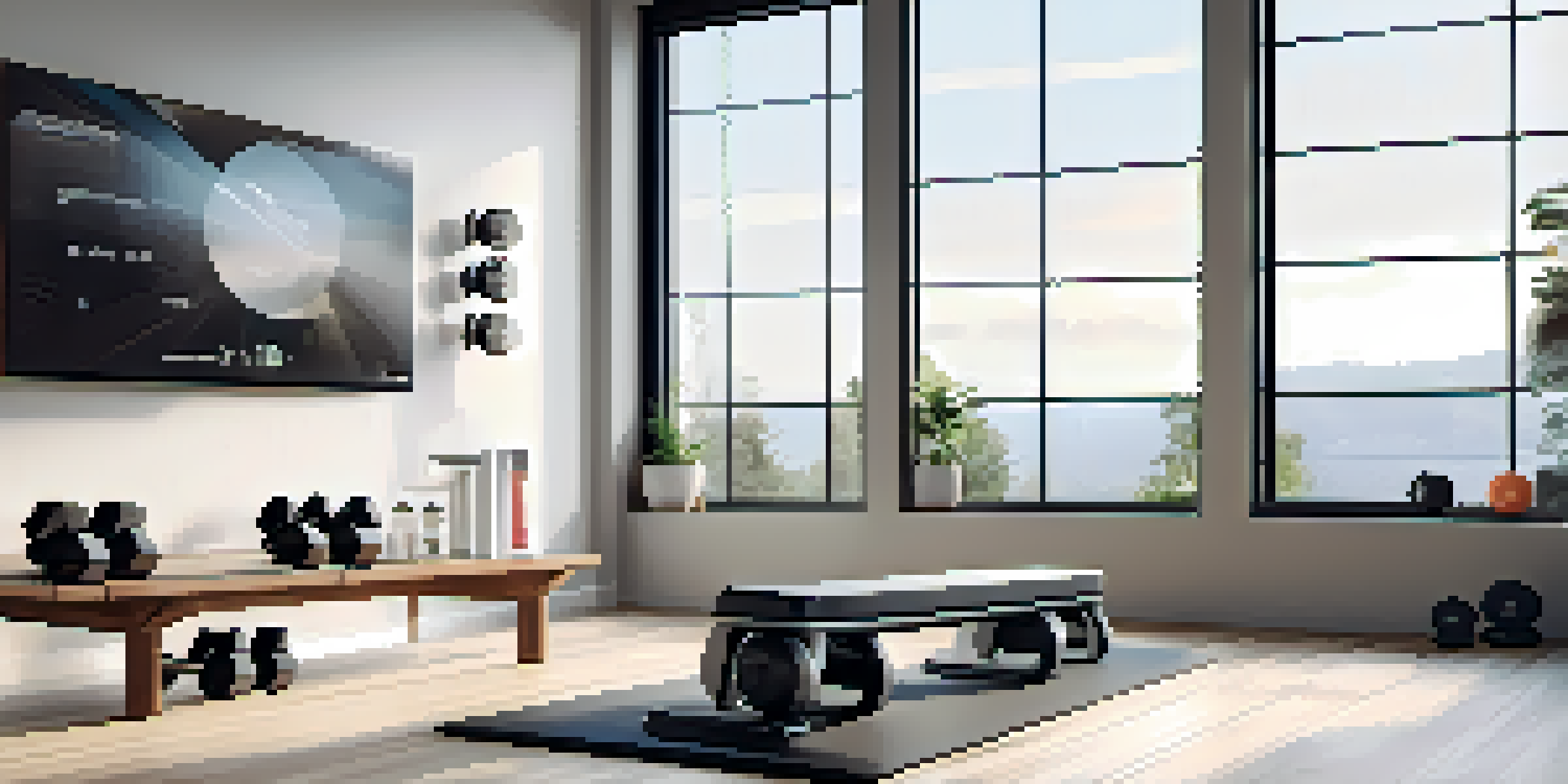 A bright and modern home gym with smart dumbbells on a workout bench, showcasing their digital interface and surrounded by fitness accessories.