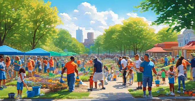 A diverse group of people participating in a community clean-up day in a sunny park, picking up litter and planting flowers.