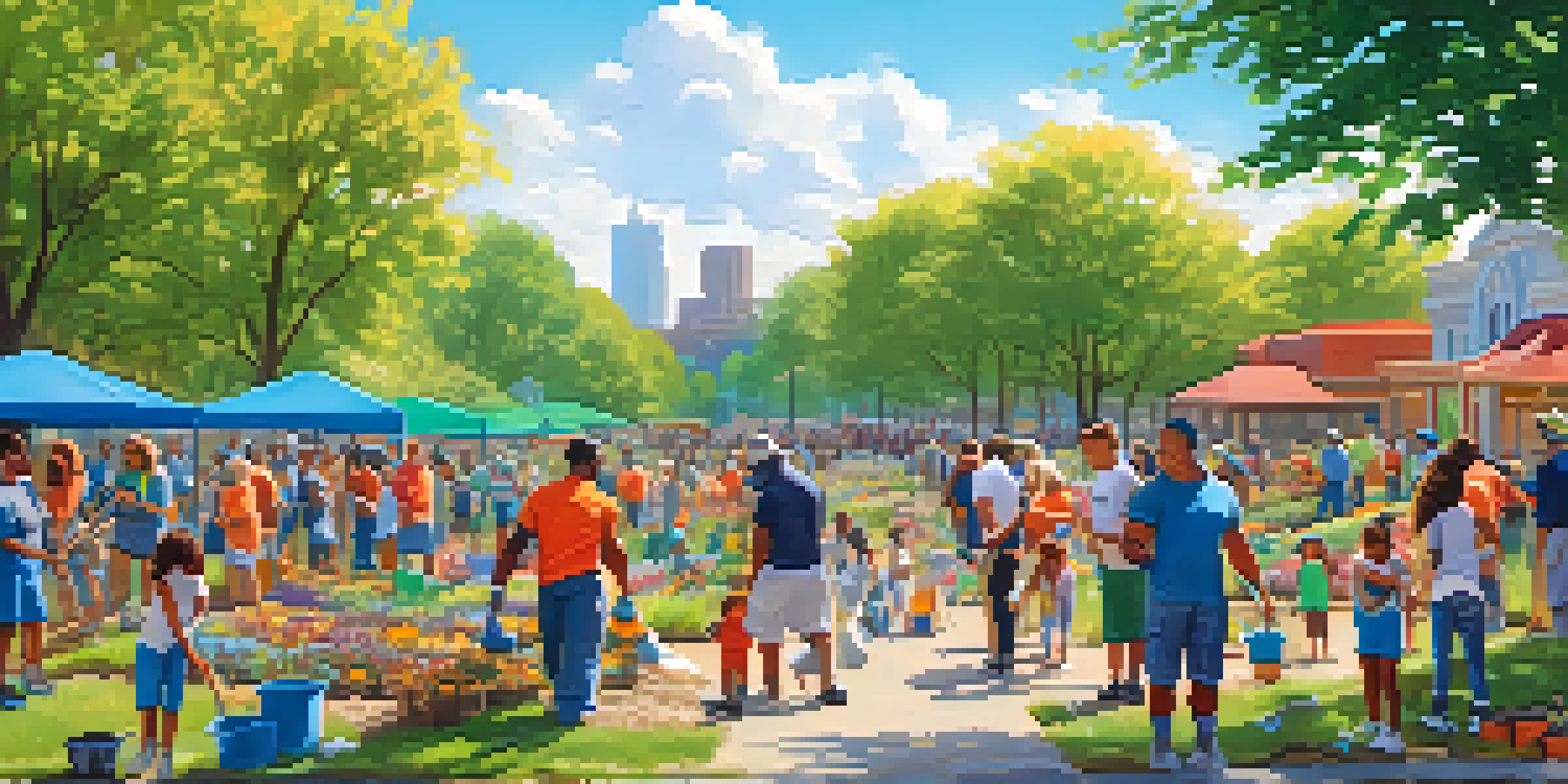 A diverse group of people participating in a community clean-up day in a sunny park, picking up litter and planting flowers.
