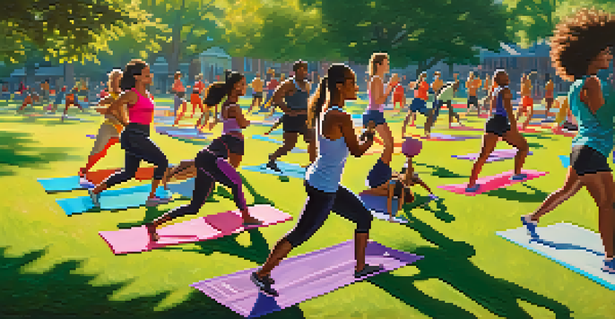 A group of diverse fitness enthusiasts enjoying an outdoor workout, smiling and supporting each other in a sunny park.