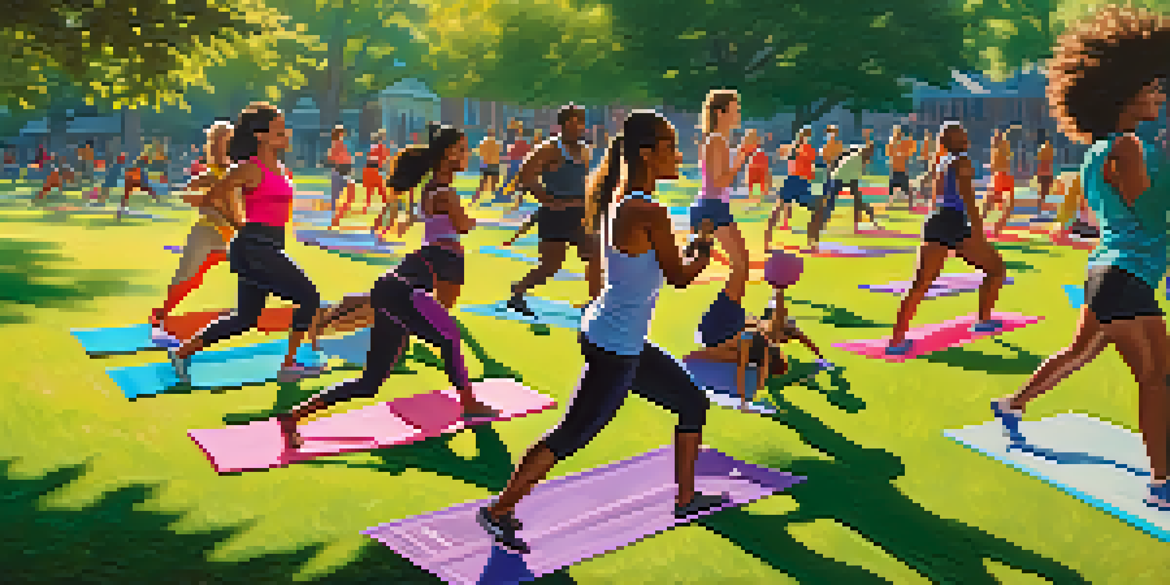A group of diverse fitness enthusiasts enjoying an outdoor workout, smiling and supporting each other in a sunny park.