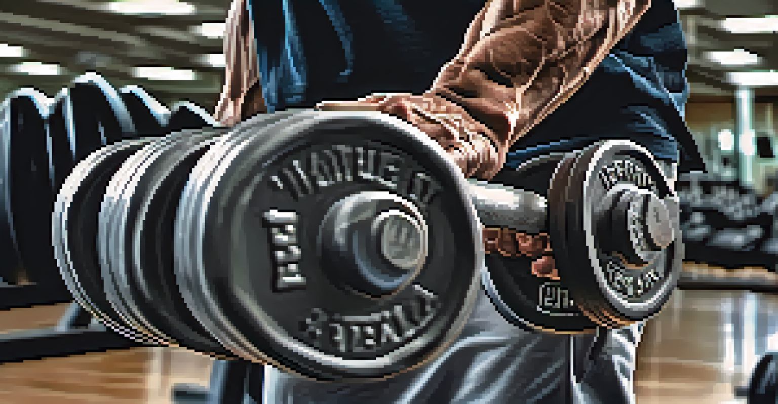 Close-up of hands gripping a dumbbell in a gym, emphasizing strength and determination with dramatic lighting.