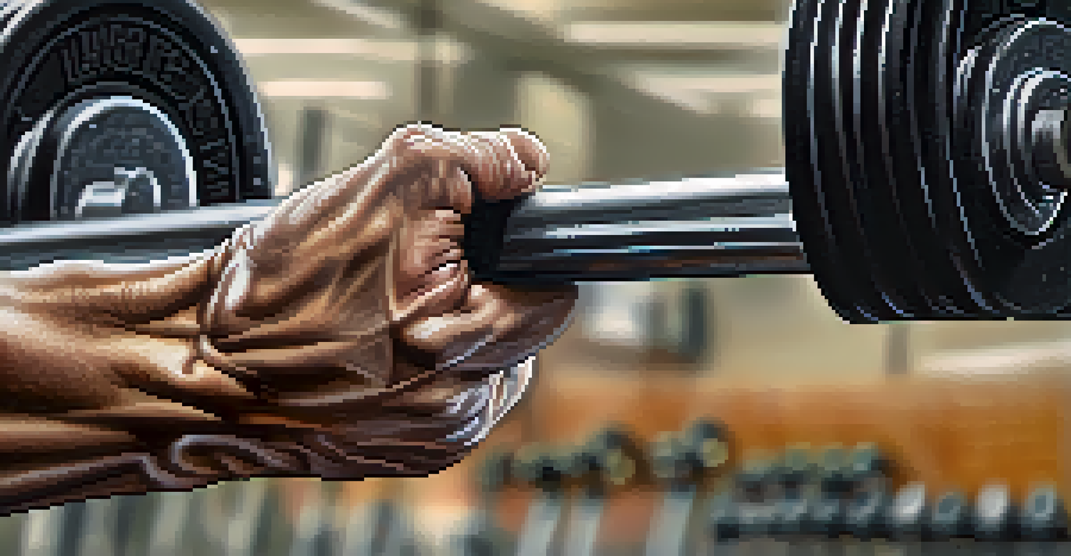 A close-up of a hand gripping a weightlifting bar, emphasizing determination and sweat.